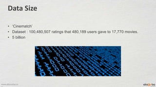 www.abzooba.co
• ‘Cinematch’
• Dataset : 100,480,507 ratings that 480,189 users gave to 17,770 movies.
• 5 billion
Data Size
 