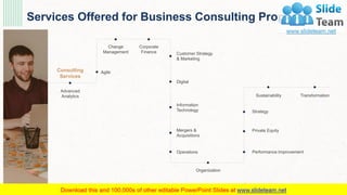 Services Offered for Business Consulting Proposal
Advanced
Analytics
Agile
Change
Management
Corporate
Finance Customer Strategy
& Marketing
Digital
Information
Technology
Mergers &
Acquisitions
Operations
Organization
Performance Improvement
Private Equity
Strategy
Sustainability Transformation
Consulting
Services
5
This slide is 100% editable. Adapt it to your needs and capture your audience's attention.
 