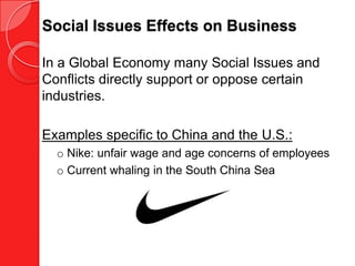 Social Issues Effects on Business

In a Global Economy many Social Issues and
Conflicts directly support or oppose certain
industries.

Examples specific to China and the U.S.:
  o Nike: unfair wage and age concerns of employees
  o Current whaling in the South China Sea
 