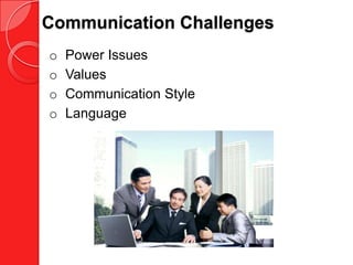 Communication Challenges
o   Power Issues
o   Values
o   Communication Style
o   Language
 
