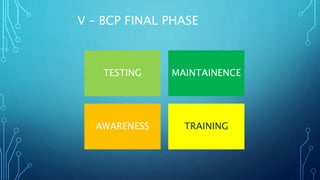 V – BCP FINAL PHASE
TESTING MAINTAINENCE
AWARENESS TRAINING
 