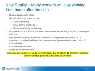 New Reality – Many workers will stay working
from home after the crisis
• Reduced real estate costs
• Happier staff – Impr...