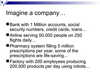 Imagine a company…
Bank with 1 Million accounts, social
security numbers, credit cards, loans…
Airline serving 50,000 people on 250
flights daily…
Pharmacy system filling 5 million
prescriptions per year, some of the
prescriptions are life-saving…
Factory with 200 employees producing
200,000 products per day using robots…
 