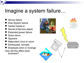 Imagine a system failure…
 Server failure
 Disk System failure
 Hacker break-in
 Denial of Service attack
 Extended power failure
 Snow storm
 Spyware
 Malevolent virus or worm
 Earthquake, tornado
 Employee error or revenge
How will this affect each
business?
 
