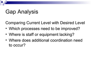 Gap Analysis
Comparing Current Level with Desired Level
• Which processes need to be improved?
• Where is staff or equipment lacking?
• Where does additional coordination need
to occur?
 