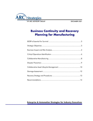 BY ARC ADVISORY GROUP                                                            DECEMBER 2001




      Business Continuity and Recovery
        Planning for Manufacturing

BCRP Is Essential for Survival .................................................................. 3

Strategic Objectives ............................................................................... 3

Business Impact and Risk Analysis........................................................... 4

Critical Operations Identification ............................................................ 6

Collaborative Manufacturing.................................................................. 8

Disaster Prevention ................................................................................ 9

Collaborative Asset Lifecycle Management ............................................ 10

Damage Assessment............................................................................ 12

Recovery Strategy and Procedures ........................................................ 13

Recommendations ............................................................................... 14




Enterprise & Automation Strategies for Industry Executives
 
