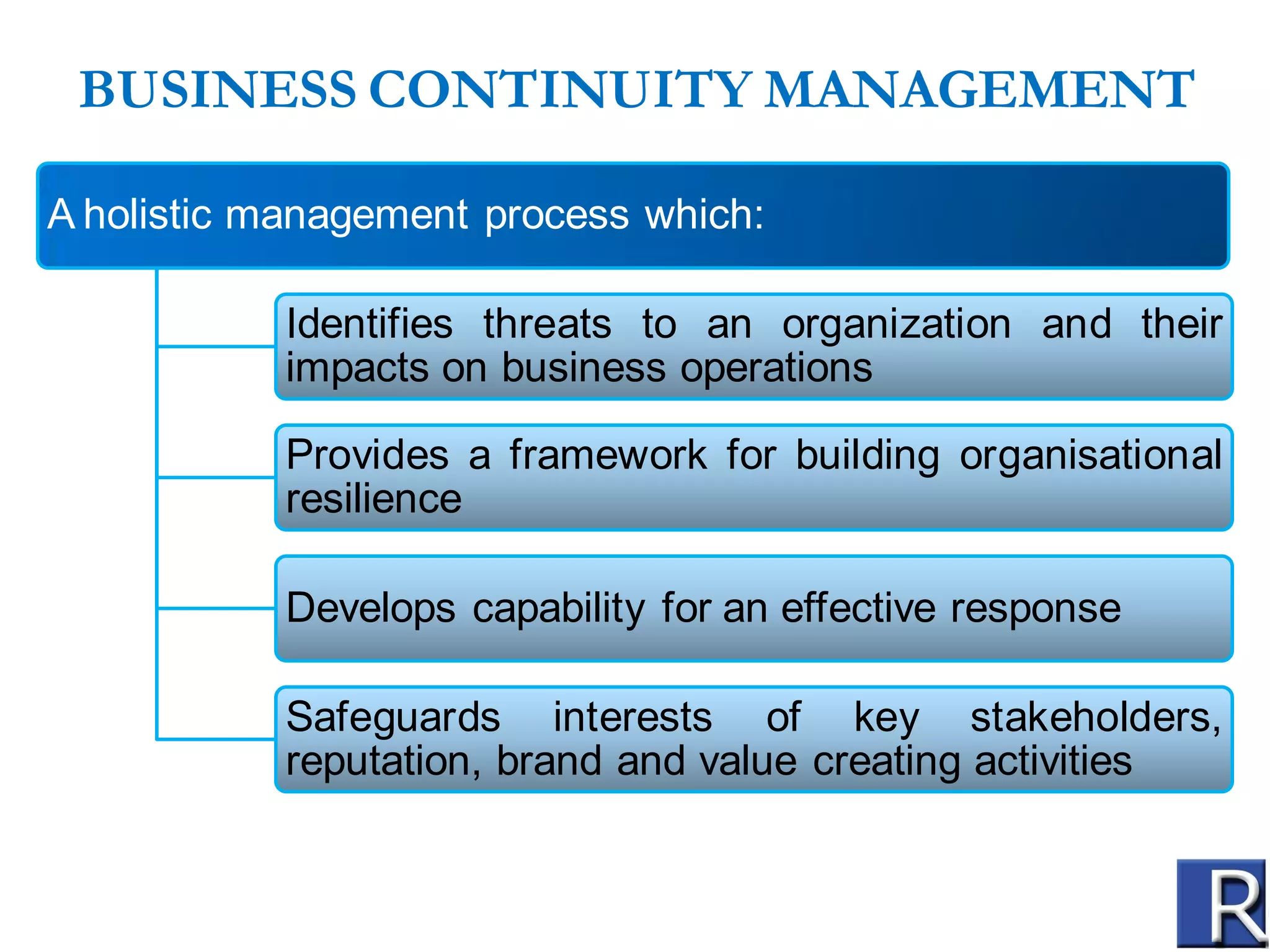 BUSINESS CONTINUITY MANAGEMENT
A holistic management process which:
Identifies threats to an organization and their
impacts on business operations
Provides a framework for building organisational
resilience
Develops capability for an effective response

Safeguards interests of key stakeholders,
reputation, brand and value creating activities

 