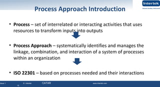 Issue 1 © Intertek QATAR www.intertek.com
15
Process Approach Introduction
• Process – set of interrelated or interacting activities that uses
resources to transform inputs into outputs
• Process Approach – systematically identifies and manages the
linkage, combination, and interaction of a system of processes
within an organization
• ISO 22301 – based on processes needed and their interactions
15
 