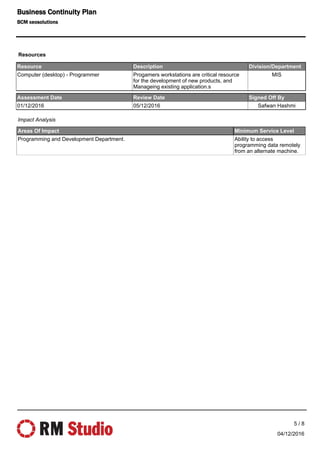 Resource Description Division/Department
Computer (desktop) - Programmer Progamers workstations are critical resource
for the development of new products, and
Manageing existing application.s
MIS
Areas Of Impact Minimum Service Level
Programming and Development Department. Ability to access
programming data remotely
from an alternate machine.
Impact Analysis
Assessment Date Review Date Signed Off By
01/12/2016 05/12/2016 Safwan Hashmi
Resources
04/12/2016
5 / 8
Business Continuity Plan
BCM xeosolutions
 