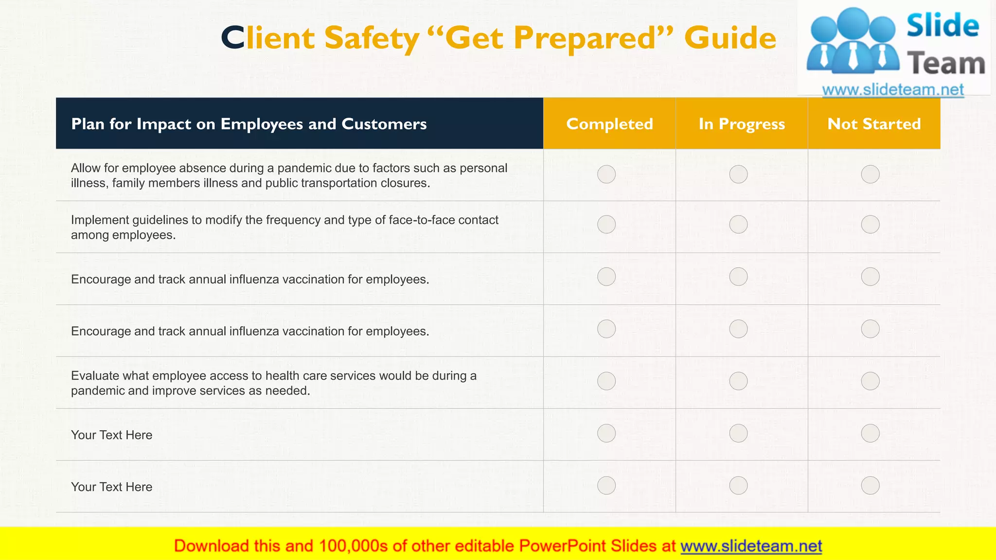 Plan for Impact on Employees and Customers Completed In Progress Not Started
Allow for employee absence during a pandemic due to factors such as personal
illness, family members illness and public transportation closures.
Implement guidelines to modify the frequency and type of face-to-face contact
among employees.
Encourage and track annual influenza vaccination for employees.
Encourage and track annual influenza vaccination for employees.
Evaluate what employee access to health care services would be during a
pandemic and improve services as needed.
Your Text Here
Your Text Here
Client Safety “Get Prepared” Guide
This slide is 100% editable. Adapt it to your needs and capture your audience's attention. 21
 
