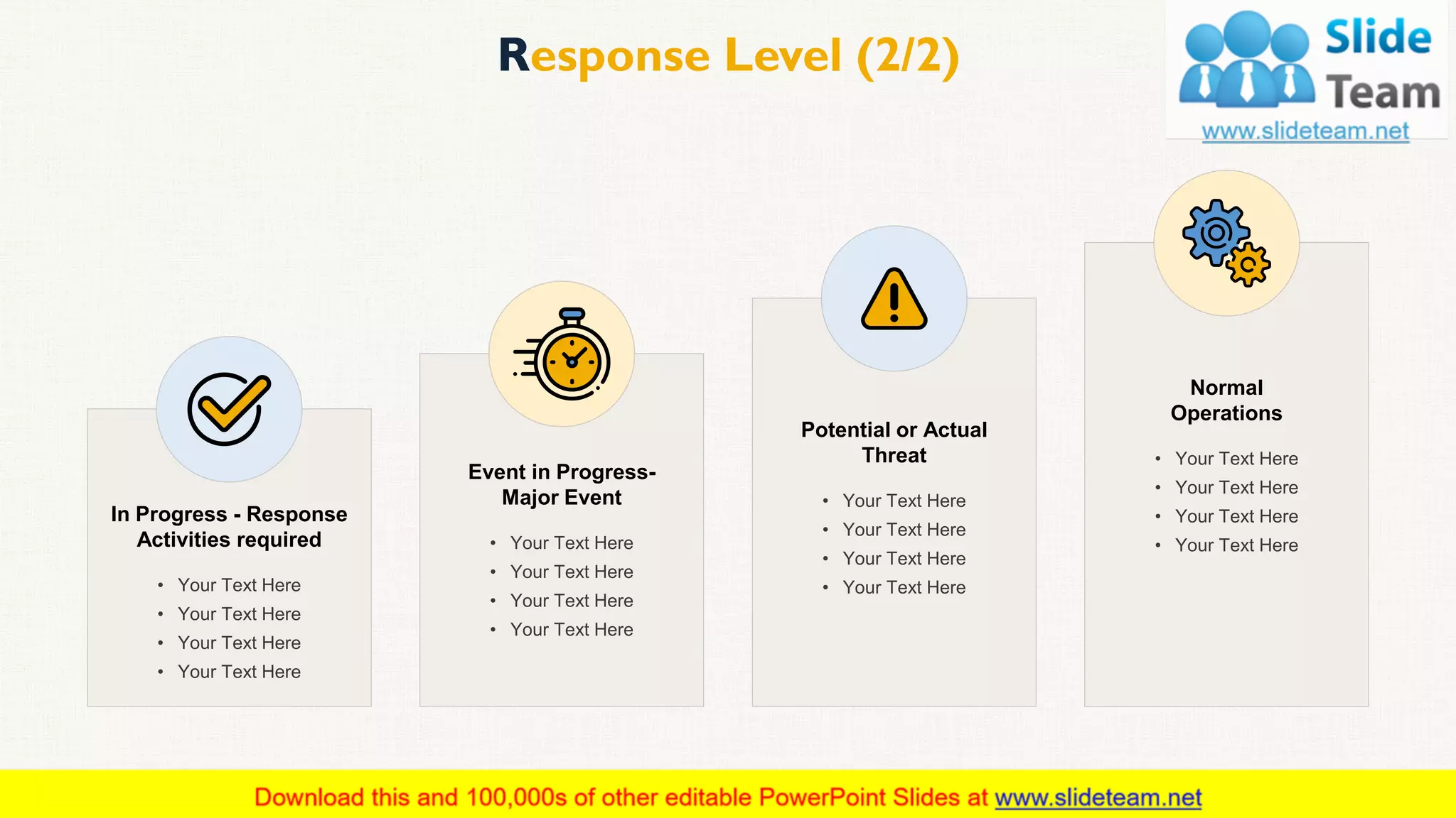 Response Level (2/2)
This slide is 100% editable. Adapt it to your needs and capture your audience's attention. 31
In Progress - Response
Activities required
• Your Text Here
• Your Text Here
• Your Text Here
• Your Text Here
Event in Progress-
Major Event
• Your Text Here
• Your Text Here
• Your Text Here
• Your Text Here
Potential or Actual
Threat
• Your Text Here
• Your Text Here
• Your Text Here
• Your Text Here
Normal
Operations
• Your Text Here
• Your Text Here
• Your Text Here
• Your Text Here
 