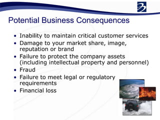 Potential Business Consequences
• Inability to maintain critical customer services
• Damage to your market share, image,
reputation or brand
• Failure to protect the company assets
(including intellectual property and personnel)
• Fraud
• Failure to meet legal or regulatory
requirements
• Financial loss
 