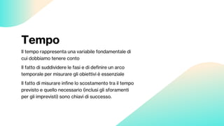 Tempo
Il tempo rappresenta una variabile fondamentale di
cui dobbiamo tenere conto
Il fatto di suddividere le fasi e di definire un arco
temporale per misurare gli obiettivi è essenziale
Il fatto di misurare infine lo scostamento tra il tempo
previsto e quello necessario (inclusi gli sforamenti
per gli imprevisti) sono chiavi di successo.
 