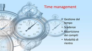 Time management
• Gestione del
tempo
• Scadenze
• Ripartizione
dei compiti
• Modalità di
rientro
 