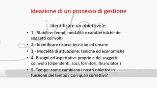 Identificare un obiettivo e:
• 1 - Stabilire: tempi, modalità e caratteristiche dei
soggetti coinvolti
• 2 - Identificare risorse tecniche ed umane
• 3 - Modalità di attuazione: teniche ed economiche
• 4- Bisogni ed aspettative proprie e dei soggetti
coinvolti (dipendenti, soci, fornitori, finanziatori)
• 5- Tempo: come cambiano i nostri obiettivi in
funzione del tempo? Con quali correttivi?
Ideazione di un processo di gestione
 