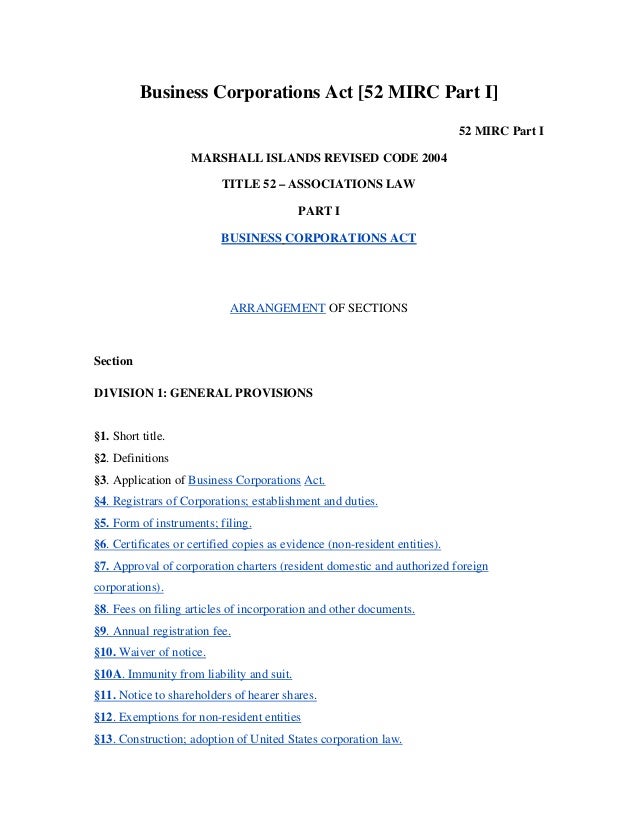 Marshall Islands Business Corporations Act