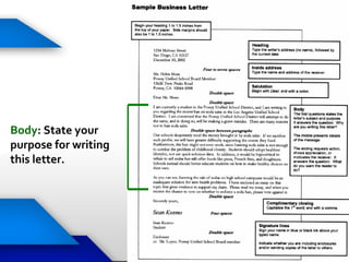 Body: State your
purpose for writing
this letter.
 