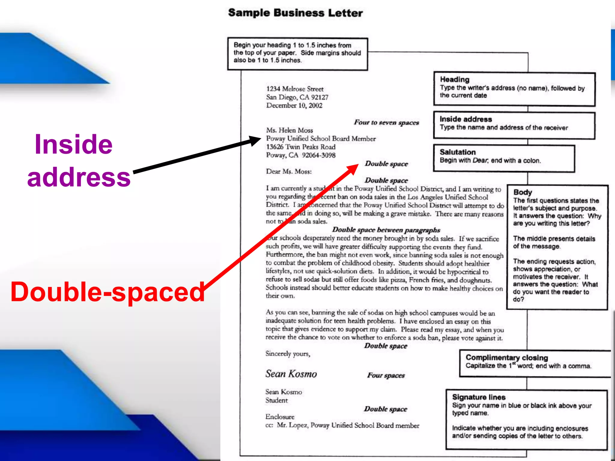 Inside
 address



Double-spaced
 
