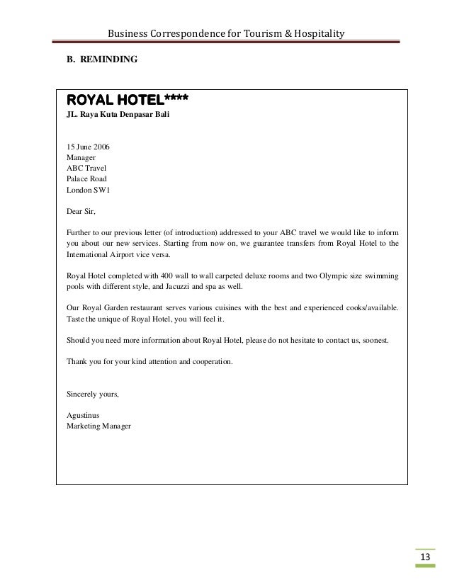 business correspondence for the tourism industry correspondence letter sample