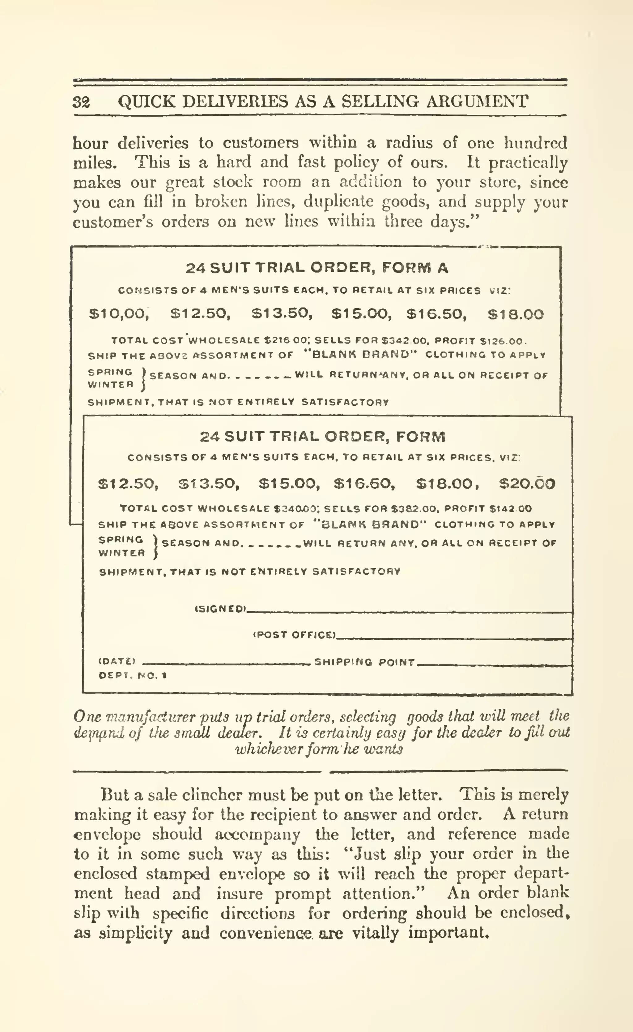 32 QUICK DELIVERIES AS A SELLING ARGUMENT
hour deliveries to customers within a radius of one hundred
miles. This is a hard and fast poHcy of ours. It practically
makes our great stock room an addilion to your store, since
you can fill in broken lines, duplicate goods, and supply your
customer's orders on new lines wilhia three days."
24 SUIT TRIAL ORDER, FORM A
CONSISTS OF 4 MEN'S SUITS EACH. TO RETAIL AT SIX PRICES i.12:
SIO.OO, $12.50, SI 3.50, $1 5.0O, $16.50, $18.00
TOTAL COSt'whOLESALE $216 00; SELLS TOR S342 00. PROFIT S126 00.
SHIP THE ABOVJ ASSORTMENT OF "BLAN K BR AND" CLOTH I NO TO APPLY
'
SEASON AND. WILL RETURN'ANY, ORALLON RECEIPT OF
SHIPMENT. THAT IS NOT ENTIRELY SATISFACTORY
PRING t,
INTER j
24 SUIT TRIAL ORDER, FORM
CONSISTS OF 4 MEN'S SUITS EACH, TO RETAIL AT SIX PRICES. VIZ:
$12.50, S13.50, $15.00, S16.50, SI 8.00, S20.60
TOTAL COST WHOLESALE $240l00: SELLS FOR $302 00. PROFIT $142.00
SHIP THE ABOVE ASSORTMENT OF "BLAWK BnAND" CLOTH 1 NO TO APPLY
SPRING  SEASON AND. WILL RETURN ANY. OR ALL ON RECEIPT OF
WINTtH )
SHIPMENT, THAT IS NOT ENTIRELY SATISFACTORY
(POST OFFICE).
. SHIPPING POINT.
OEPT, NO. 1
One manufacturer puts up trial orders, selecting goods that will meel the
dejnf,rui of tlie small dealer. It is certainly easij for tlie dealer to Jul out
whichever form lie wants
But a sale clincher must be put on the ktter. This is merely
making it easy for the recipient to answer and order. A return
envelope should accompany the letter, and reference made
to it in some such way as this: "Just slip your order in the
enclosed stamped envelope so it will reach the proper depart-
ment head and insure prompt attention." An order blank
slip with specific directions for ordering should be enclosed,
as simplicity and convenience are vitally important.
 