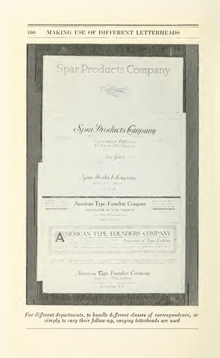 100 MAKING USE OF DIFFERENT LETTERHEADS
'111 I » "F'b v'-S
f>y>w- Ao(//Hls (on//Hint/
,'nui l^/' >!,.<!.(, n.r
Aiiieucan Fyfie: I'oundcrs Cc)mj)any
i-:i< w I vi'K rorxni-Ks (
(
-^!i' Wi
yhncjican "'Uilpc FaiintJcrs Conipitnii
fi;i'iii!!i:ii!i;iiii!^ii'i?iii!i'iiiiii'ifii:ii!!i(i;:';ifii;i!i[i'iiiF!i':i^
ill II
I
For different departments, to handle different classes of correspondence, or
simply to vary their follow-up, varying letterheads are used
 