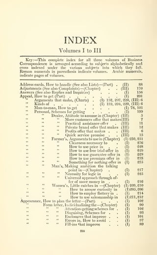INDEX
Volumes I to III
Key:—^This complete index for all three volumes of Business
Correspondence is arranged according to subjects alphabetically and
cross indexed under the various subjects into which they fall.
Roman numerals in parenthesis indicate volumes. Arabic numerals,
indicate pages of volumes.
Address cards, How to handle (See also Lists) —(Part) . (II) 88
Adjustments (See also Complaints) —(Chapter) . . (Ill) 170
Answers (See also Replies and Inquiries) ... (I) 156
Appeal, How to get (Part) (I) 201
Arguments that make, (Charts) . (I) 132, 207, 220, (III) 6
Kinds of (I) 139, 204, 220, (III) 6
Man-to-man, How to get .... (I) 78, 101
" Personal, Schemes for getting .... (I) 199
" " Dealer, Attitude to assume in (Chapter) (III) 5
" " " More customers offer that makes (III) 7
" " " Practical assistance offer . (HI) H" " " Private brand offer that makes (HI) 12
" " " Profits offer that makes . . (HI) 6
" " " Quick service promise . . (HI) 13
" " Farmer's, Arguments to use in (Chapter) (1)230,231
" "
Clearness necessary to . (I) 236
" " "
How to use price in . . (I) 228
" " "
How to use tree trial offer in (I) 229
" " "
How to use guarantee offer in (I) 229
" " "
How to use premium offer in (I) 233
" "
Something for nothing offer in (I) 235
" " Man's, Making ambition the talking
point in—(Chapter) . (I) 217
" " " Necessity for logic in . . (I) 225
" " " Universal approach through of-
fer of more money in . . (I) 216
Women's, Little catches in —(Chapter) (1)209,210
' " "
How to arouse curiosity in (1)205,206
" " "
How to employ flattery in . (I) 214
" " "
How to use salesmanship in (1)211,212
Appearance, How to plan the letter— (Part) ... (I) 102
Form letter. Individualizing the —(Chapter) (I) 90
" " Attention-getting schemes for . (I) 102
" " Disguising, Schemes for . . (I) 93
" " Enclosures that improve . . (I) 101
" " " Errors in, How to avoid . . (I) 97
Fill-ins that improve . . (I) 89
Sio
 