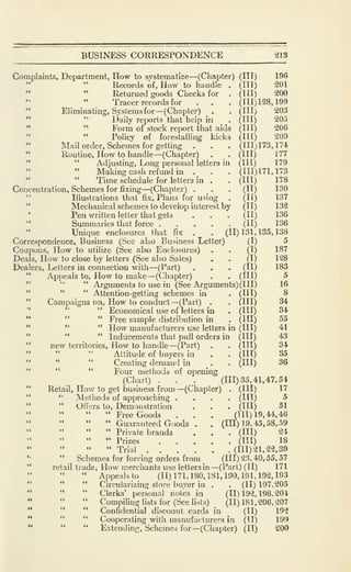BUSINESS CORRESPONDENCE 213
Complaints, Department, How to systematize —(Chapter) (III) 196
Records of. How to handle . (HI) 201
Returned goods Checks for . (Ul) 200
Tracer records for . . . (01)128,199
" Eliminating, Systems for—(Chapter) . . (HI) 203
" *'
Daily reports that help in . (HI) 205
** " Form of stock report that aids (HI) 206
" " Policy of forestalling kicks (HI) 209
**
Mail order, Schemes for getting . . . (IH) 173, 17-1
**
Routine, How to handle—(Chapter) . . (ill) 177
" " Adjusting, Long personal letters in (HI) 179
Making cash refund in . . . (in)171,173
" " Time schedule for letters in . . (Ill) 178
Concentration, Schemes for fixing—(Chapter) . . . (II) 130
" Illustrations that fix. Plans for using . (II) 137
*•
Mechanical schemes to develop interest by (II) 132
•
Pen written letter that gets . . . (II) 136
**
Summaries that force (II) 136
Unique enclosures that fix . . (11)131,135,138
Correspondence, Business (See also Business Letter) (I) 5
Coupons, How to utilize (See also Enclosures) . . (I) 187
Deals, How to close by letters (See also Sales) . . (I) 128
Dealers, Letters in connection with —(Part) . . . (11) 183
" Appeals to. How to make—(Chapter) . . (Ill) 5
*' " " Arguments to use in (See Arguments) (III) 16
" " " Attention-getting schemes in . (HI) 8
" Campaigns on. How to conduct—(Part) . . (Ill) 34
" " " Economical use of letters in . (HI) 34
** *'
" Free sample distribution in . (HI) 55
** ** " How manufacturers use letters in (HI) 41
" " " Inducements that pull orders in (III) 43
" new territories, How to handle —(Part) . . (Ill) 34
Attitude of buyers in . . (HI) 35
" " "
Creating demand in . . (HI) 36
" " " Four metlious of opening
(Chart) . . . (HI) 35,41,47,54
" Retail, How to get business from —(Chapter) . (Ill) 17
" " Methods of approaching .... (HI) 5
" " Oti'ers to. Demonstration ... (HI) 51
" Free Goods . . . (111)19,44,46
" " Guaranteed Goods . . (10)19,45,58,59
" " Private brands . . . (HI) 24
" " Prizes (HI) 18
" Trial (111)21,22,39
*' " Schemes for forcing orders from (111)23,40,55,57
" retail trade. How merchants use letters in —(Part) (II) 171
" Appeals to (11)171,180,181,190,191,192,193
" " " Circularizing store buyer in . . (11)197,205
" " " Clerks' personal notes in (11)192,198.204
•* " " Compiling lists for (See lists) (11)181,206,207
** " " Confidential discount cards in (II) 192
•* " " Cooperating with miinufacturers in (TI) 199
•* " " Extending, Schemes for—(Chapter) (II) 200
 