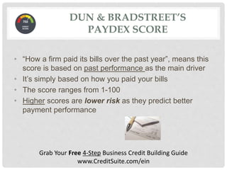 • “How a firm paid its bills over the past year”, means this
score is based on past performance as the main driver
• It’s simply based on how you paid your bills
• The score ranges from 1-100
• Higher scores are lower risk as they predict better
payment performance
Grab Your Free 4-Step Business Credit Building Guide
www.CreditSuite.com/ein
DUN & BRADSTREET’S
PAYDEX SCORE
 