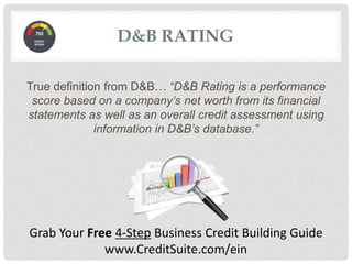D&B RATING
True definition from D&B… “D&B Rating is a performance
score based on a company’s net worth from its financial
statements as well as an overall credit assessment using
information in D&B’s database.”
Grab Your Free 4-Step Business Credit Building Guide
www.CreditSuite.com/ein
 
