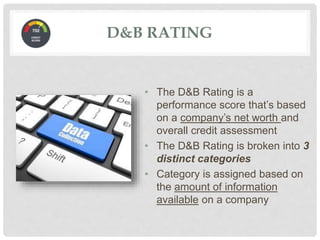 D&B RATING
• The D&B Rating is a
performance score that’s based
on a company’s net worth and
overall credit assessment
• The D&B Rating is broken into 3
distinct categories
• Category is assigned based on
the amount of information
available on a company
 