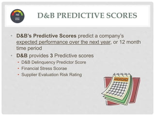 D&B PREDICTIVE SCORES
• D&B’s Predictive Scores predict a company’s
expected performance over the next year, or 12 month
time period
• D&B provides 3 Predictive scores
• D&B Delinquency Predictor Score
• Financial Stress Scorae
• Supplier Evaluation Risk Rating
 
