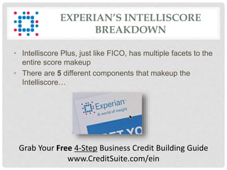 EXPERIAN’S INTELLISCORE
BREAKDOWN
• Intelliscore Plus, just like FICO, has multiple facets to the
entire score makeup
• There are 5 different components that makeup the
Intelliscore…
Grab Your Free 4-Step Business Credit Building Guide
www.CreditSuite.com/ein
 