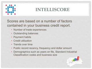 INTELLISCORE
Scores are based on a number of factors
contained in your business credit report.
• Number of trade experiences
• Outstanding balances
• Payment habits
• Credit utilization
• Trends over time
• Public record recency, frequency and dollar amount
• Demographics such as years on file, Standard Industrial
Classification codes and business size
 