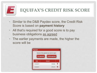 • Similar to the D&B Paydex score, the Credit Risk
Score is based on payment history
• All that’s required for a good score is to pay
business obligations as agreed
• The earlier payments are made, the higher the
score will be
EQUIFAX’S CREDIT RISK SCORE
 