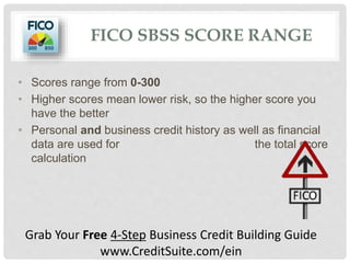 FICO SBSS SCORE RANGE
• Scores range from 0-300
• Higher scores mean lower risk, so the higher score you
have the better
• Personal and business credit history as well as financial
data are used for the total score
calculation
Grab Your Free 4-Step Business Credit Building Guide
www.CreditSuite.com/ein
 