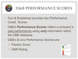 D&B PERFORMANCE SCORES
• Dun & Bradstreet provides two Performance
Credit Scores
• D&B’s Performance Scores reflect a company’s
past performance using only information within
the D&B database
• D&B’s 2 core Performance Scores are:
• Paydex Score
• D&B Rating
 