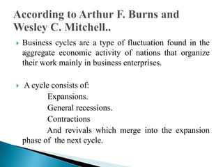   Business cycles are a type of fluctuation found in the
    aggregate economic activity of nations that organize
    their work mainly in business enterprises.

   A cycle consists of:
           Expansions.
           General recessions.
           Contractions
           And revivals which merge into the expansion
    phase of the next cycle.
 
