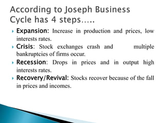  Expansion: Increase in production and prices, low
interests rates.
 Crisis: Stock exchanges crash and multiple
bankruptcies of firms occur.
 Recession: Drops in prices and in output high
interests rates.
 Recovery/Revival: Stocks recover because of the fall
in prices and incomes.
 