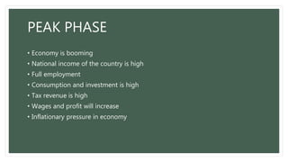 PEAK PHASE
• Economy is booming
• National income of the country is high
• Full employment
• Consumption and investment is high
• Tax revenue is high
• Wages and profit will increase
• Inflationary pressure in economy
 