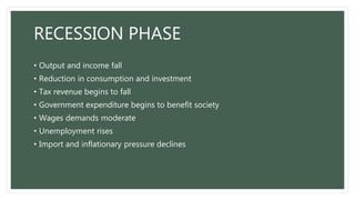 RECESSION PHASE
• Output and income fall
• Reduction in consumption and investment
• Tax revenue begins to fall
• Government expenditure begins to benefit society
• Wages demands moderate
• Unemployment rises
• Import and inflationary pressure declines
 