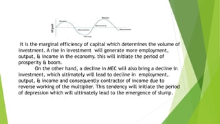It is the marginal efficiency of capital which determines the volume of
investment. A rise in investment will generate more employment,
output, & income in the economy. this will initiate the period of
prosperity & boom.
On the other hand, a decline in MEC will also bring a decline in
investment, which ultimately will lead to decline in employment,
output, & income and consequently contractor of income due to
reverse working of the multiplier. This tendency will initiate the period
of depression which will ultimately lead to the emergence of slump.
 