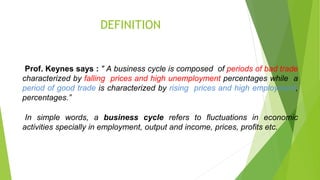 DEFINITION
Prof. Keynes says : " A business cycle is composed of periods of bad trade
characterized by falling prices and high unemployment percentages while a
period of good trade is characterized by rising prices and high employment,
percentages.”
In simple words, a business cycle refers to fluctuations in economic
activities specially in employment, output and income, prices, profits etc.
 
