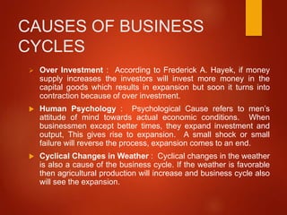 CAUSES OF BUSINESS
CYCLES
 Over Investment : According to Frederick A. Hayek, if money
supply increases the investors will invest more money in the
capital goods which results in expansion but soon it turns into
contraction because of over investment.
 Human Psychology : Psychological Cause refers to men’s
attitude of mind towards actual economic conditions. When
businessmen except better times, they expand investment and
output, This gives rise to expansion. A small shock or small
failure will reverse the process, expansion comes to an end.
 Cyclical Changes in Weather : Cyclical changes in the weather
is also a cause of the business cycle. If the weather is favorable
then agricultural production will increase and business cycle also
will see the expansion.
 