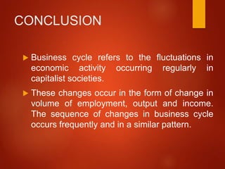 CONCLUSION
 Business cycle refers to the fluctuations in
economic activity occurring regularly in
capitalist societies.
 These changes occur in the form of change in
volume of employment, output and income.
The sequence of changes in business cycle
occurs frequently and in a similar pattern.
 