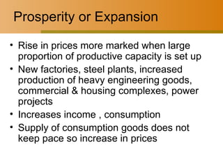 Prosperity or Expansion Rise in prices more marked when large proportion of productive capacity is set up New factories, steel plants, increased production of heavy engineering goods, commercial & housing complexes, power projects Increases income , consumption Supply of consumption goods does not keep pace so increase in prices 