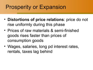 Prosperity or Expansion Distortions of price relations : price do not rise uniformly during this phase Prices of raw materials & semi-finished goods rises faster than prices of consumption goods Wages, salaries, long pd interest rates, rentals, taxes lag behind 