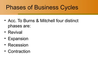 Phases of Business Cycles Acc. To Burns & Mitchell four distinct phases are: Revival Expansion Recession Contraction 