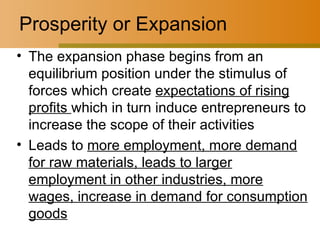 Prosperity or Expansion The expansion phase begins from an equilibrium position under the stimulus of forces which create  expectations of rising profits  which in turn induce entrepreneurs to increase the scope of their activities Leads to  more employment, more demand for raw materials, leads to larger employment in other industries, more wages, increase in demand for consumption goods 