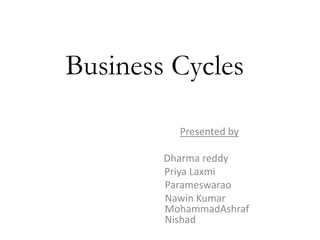 Business Cycles

          Presented by

        Dharma reddy
        Priya Laxmi
        Parameswarao
        Nawin Kumar
        MohammadAshraf
        Nishad
 