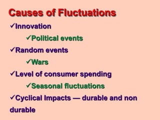 Causes of Fluctuations
Innovation
    Political events
Random events
    Wars
Level of consumer spending
    Seasonal fluctuations
Cyclical Impacts — durable and non
durable
 
